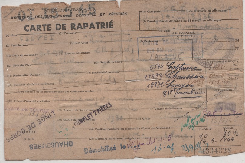Carte de rapatrié (2) - (1945) 